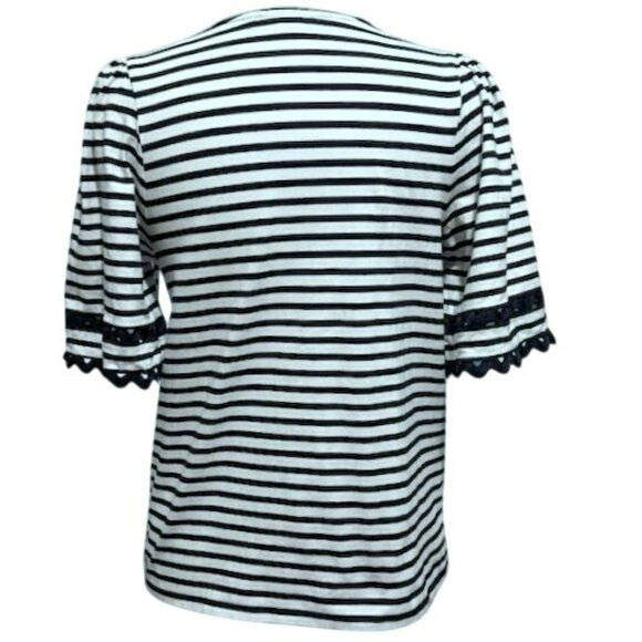 Chico's Black & White Stripe Pullover Tee Top Sz 0 Small Ric-Rac Sleeve Stretch - Picture 6 of 7